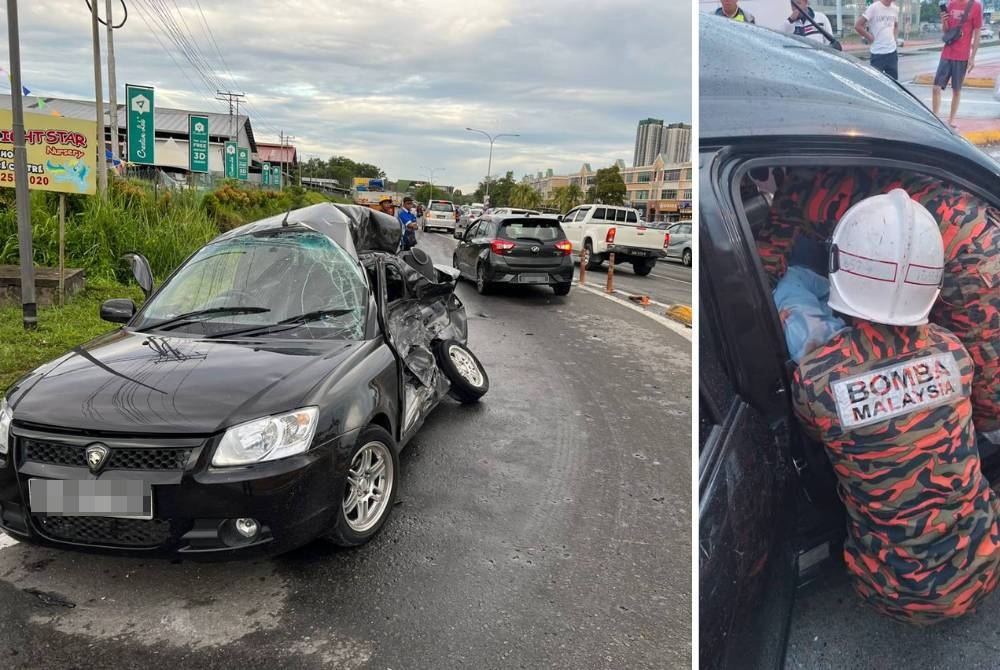 Keadaan kenderaan Proton Saga yang terbabit dalam kemalangan dan menyebabkan seorang kanak-kanak maut di Jalan Lintas Kota Kinabalu.