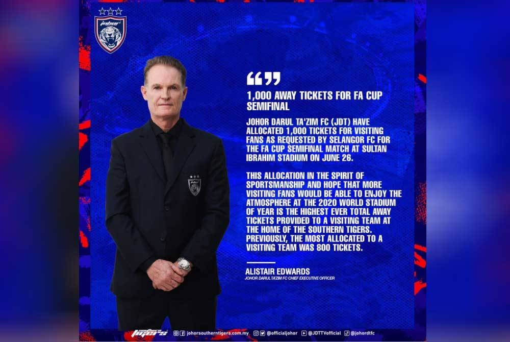 Edwards memaklumkan peruntukan 1,000 tiket buat penyokong Selangor FC. - Foto Facebook Johor Southern Tigers