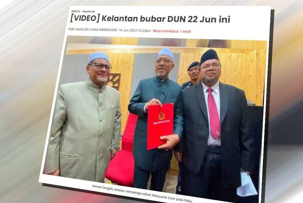 Rabu lepas, Menteri Besar, Datuk Ahmad Yakob memaklumkan DUN Kelantan yang mempunyai 45 kerusi akan dibubarkan esok selepas mendapat perkenan Sultan Kelantan Sultan Muhammad V.