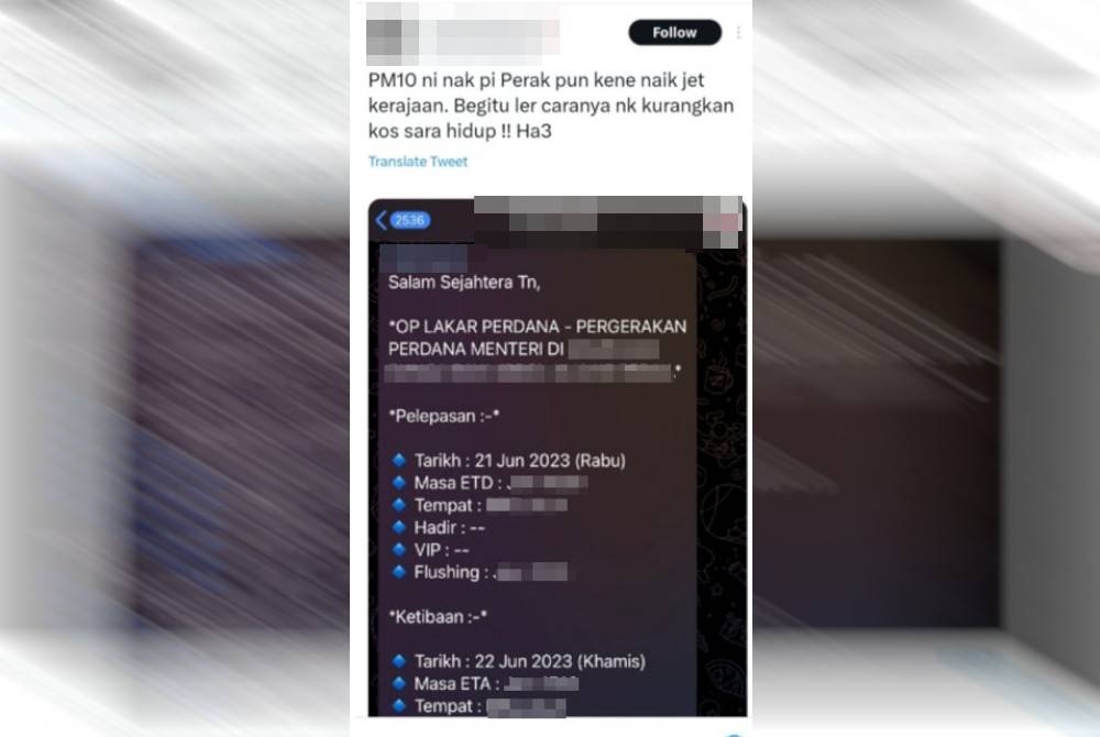 Informasi yang dimuat naik di laman Twitter mengenai pergerakan Perdana Menteri yang didakwa menggunakan jet kerajaan.