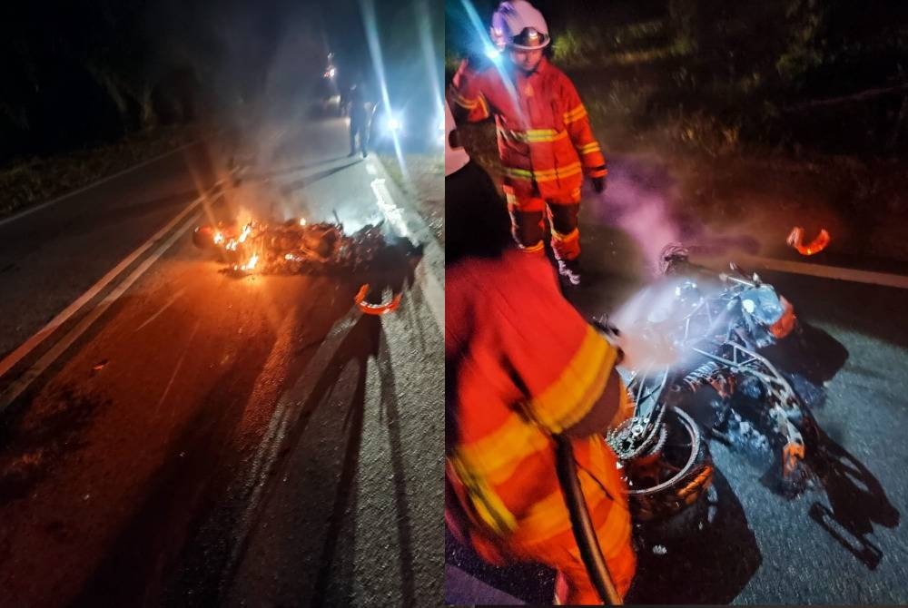 Keadaan motosikal yang terbakar dalam kemalangan tersebut. - Foto BBP Kota Tinggi