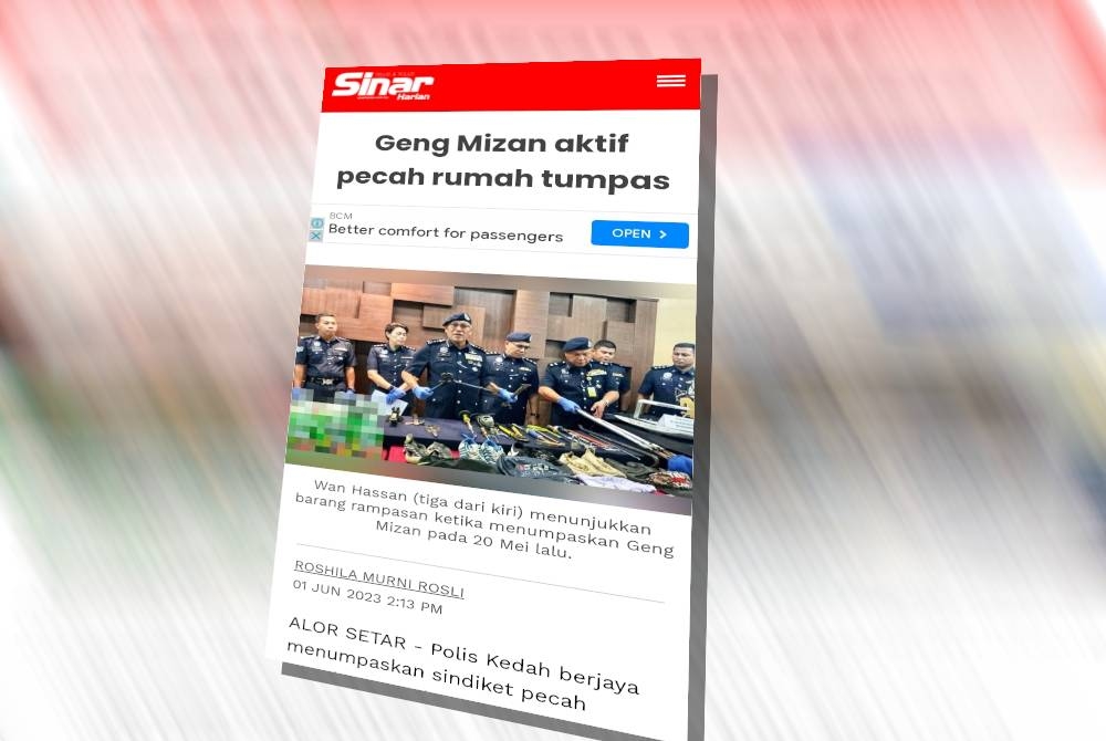 Tangkap layar laporan Sinar Harian berhubung tangkapan 'Geng Mizan' sebelum ini.