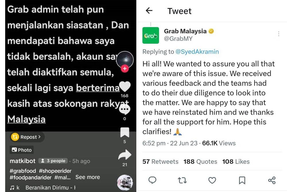 Tangkap layar video yang dikongsikan pengguna TikTok @matkibot yang mengesahkan akaun penghantar makanan itu telah diaktifkan kembali. Gambar kanan: Ciapan balas Grab Malaysia di Twitter.