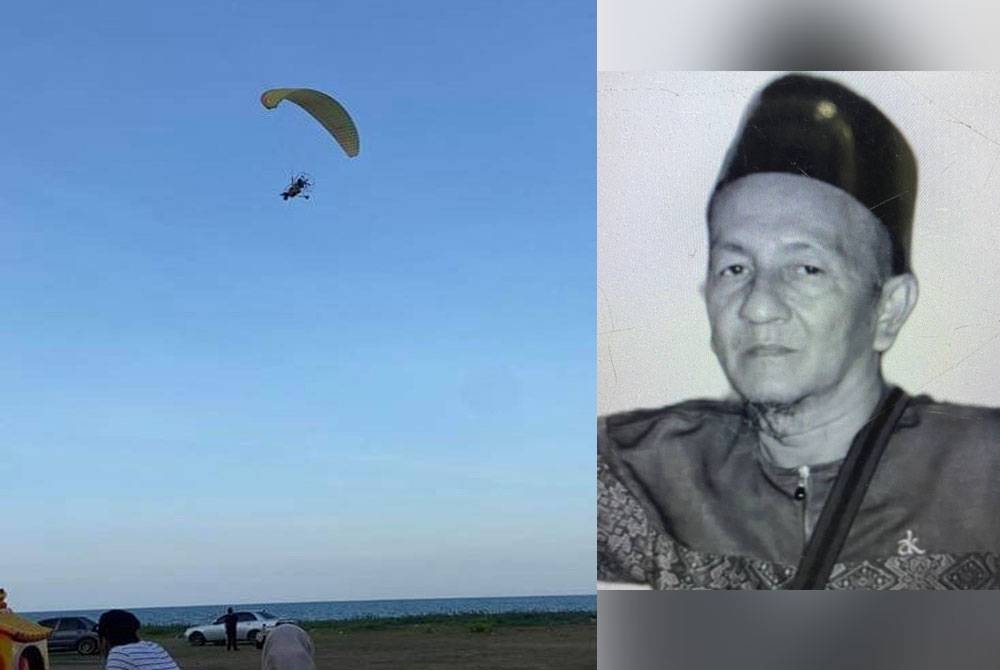 Bekas Penghulu Mukim Seribong, Kota Bharu dipercayai lemas apabila luncur udara (paragliding) yang dinaiki bersama rakan baiknya mengalami kerosakan enjin sebelum terjunam ke dalam laut di Pantai Irama, Bachok pada petang Jumaat. (Foto: Ihsan pembaca), mangsa Mustaffa Isa (kanan).