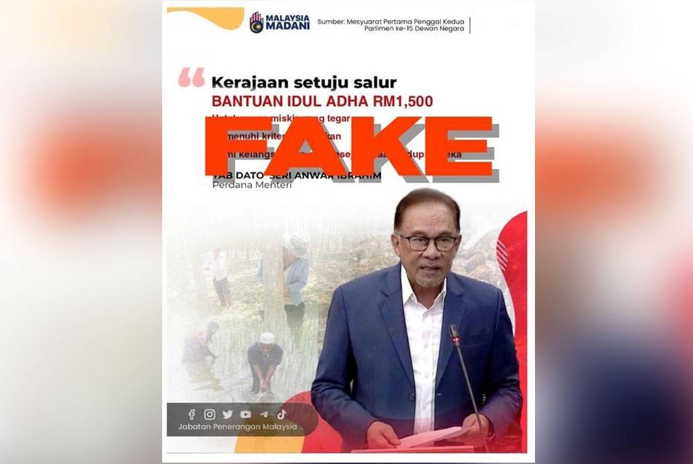 Gambar dikongsi Fahmi melalui Facebooknya mengenai poster palsu kononnya mendakwa kerajaan akan menyalurkan bantuan Aidiladha sebanyak RM1,500.