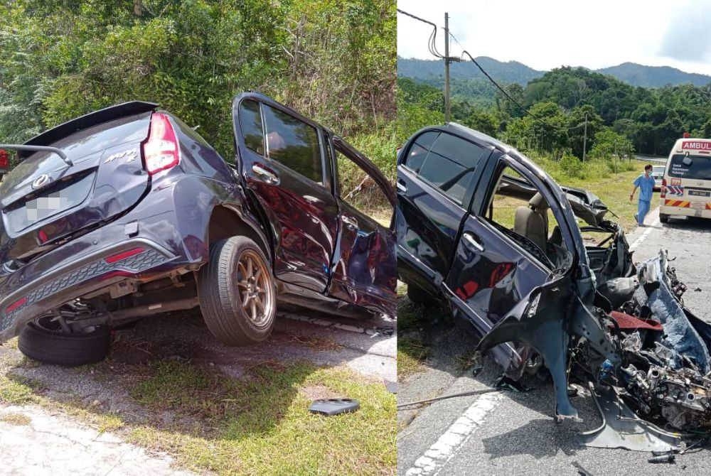 Dua mangsa disahkan meninggal dunia selepas terbabit dalam nahas di Jalan Gerik-Jeli pada Sabtu. Foto: Ihsan Bomba Perak Gambar kanan: Keadaan kereta dinaiki lima sekeluarga yang remuk selepas terbabit dalam nahas di Gerik pada Sabtu. Foto: ihsan Bomba Perak