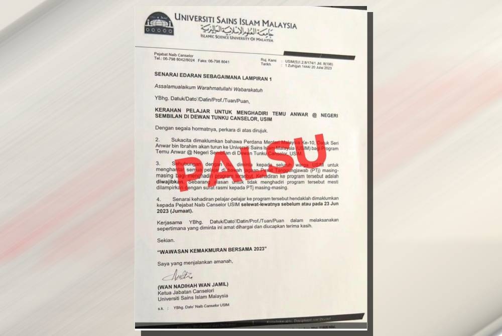 Surat kerahan pelajar ke program Temu Anwar di Negeri Sembilan yang tular