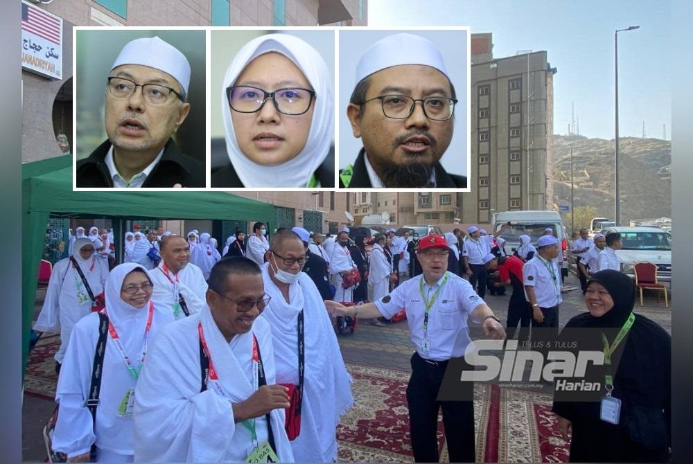 Syed Saleh (dua dari kanan) ketika meninjau operasi pergerakan jemaah ke Arafah pada Isnin. Gambar kecil: Syed Saleh, Dr Nabilah, Dr Amin