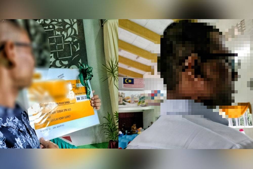 Dayat (kiri) menunjukkan replika cek yang diterimanya selepas dianugerahkan pelajar cemerlang SPM bagi SHG Telok Mas manakala Amirul (kanan) terpilih sebagai pelajar cemerlang selepas memperolehi 7A dalam keputusan SPM 2023.