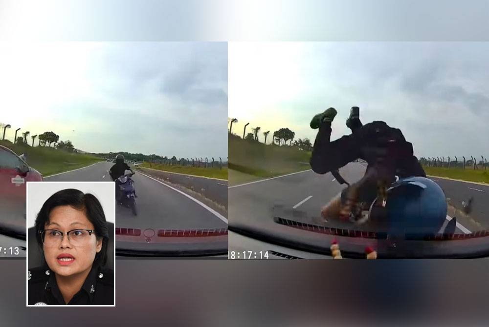 Tangkap layar rakaman video yang tular di media sosial mengenai kejadian seorang penunggang motosikal lawan arus sebelum melanggar kereta di daerah Sungai Buloh, pada Sabtu. (Gambar kecil: Shafa&#039;aton)