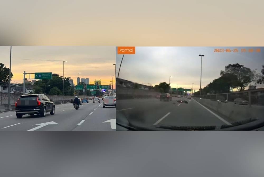 Rakaman kamera papan pemuka memaparkan kemalangan melibatkan SUV jenis Volvo dan sebuah motosikal di Lebuhraya Sistem Penyuraian Trafik Kuala Lumpur Barat (SPRINT) pada Isnin.