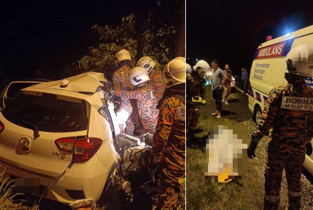 Anggota bomba dari BBP Rompin membantu mengeluarkan mangsa yang tersepit dalam kereta selepas nahas dengan lori tangki di Jalan Rompin Endau -Kampung Batu 8 Pontian, Rompin awal pagi Rabu.