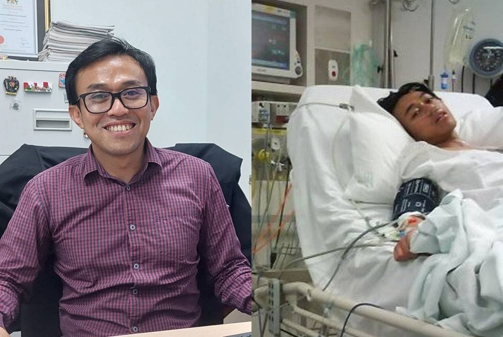 Mohd Zulhilmi ketika ditemui di pejabatnya pada Rabu. Gambar kanan: Mohd Zulhilmi ketika berada dalam wad kerana pengsan akibat pendarahan dalaman di perut secara mengejut di sebuah hospital di luar negara