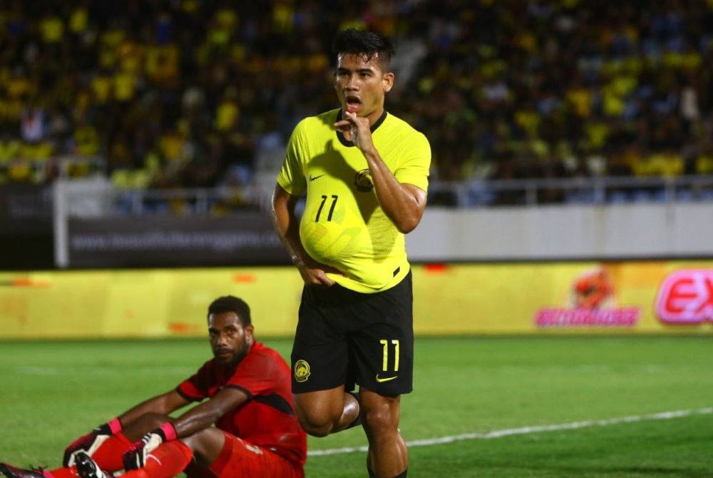 Safawi meraikan jaringannya ketika Malaysia menentang Kepulauan Solomon di Stadium Sultan Mizan Zainal Abidin, Gong Badak pada 14 Jun lalu.