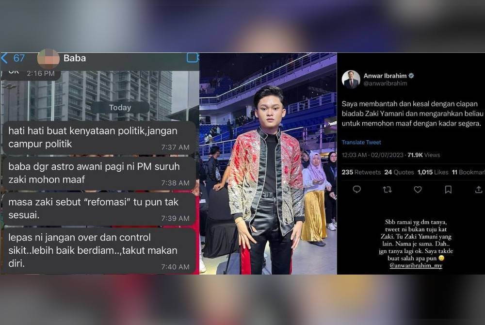 Tangkap layar mesej daripada Datuk Jamal Abdillah buat Zaki. Zaki Yamani, Zaki juga sudah respons bahawa dia bukan individu yang membuat hantaran di Twitter.