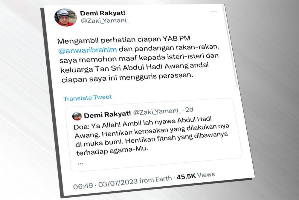 Tangkap layar kenyataan Zaki Yamani yang diciap di akaun Twitternya pada Isnin.