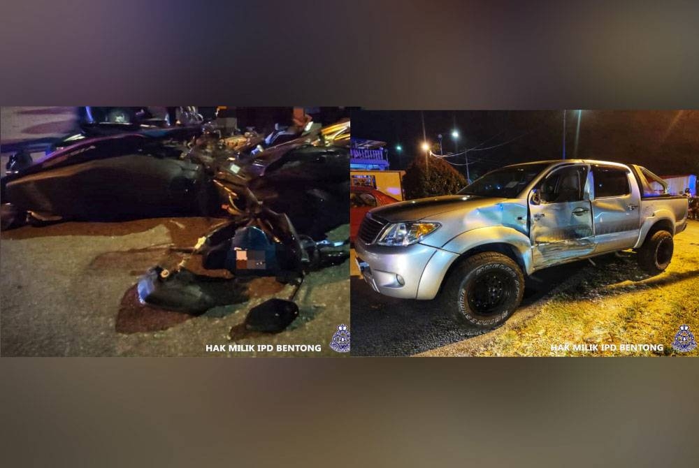 Motosikal ditunggang mangsa yang maut di tempat kejadian akibat kecederaan parah.- Foto PDRM