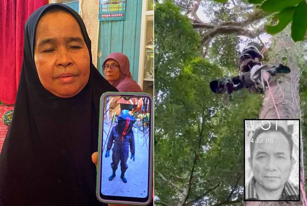 Midah menunjukkan pakaian yang dikenakan oleh suaminya, Che Hussin (gambar kecil) semasa mencari madu lebah. Foto kanan: Anggota JBPM Pasir Puteh menggunakan kaedah &#039;hightline rescue&#039; dan sistem takal untuk membawa turun pencari madu yang meninggal di atas pokok keruing di hutan Kampung Cabang Tongkat.