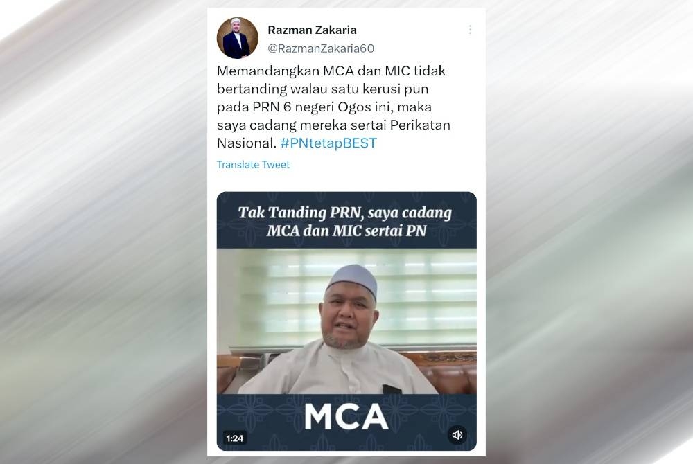 Perkongsian Razman di Twitter pada Khamis mencadangkan MCA dan MIC menyertai PN.