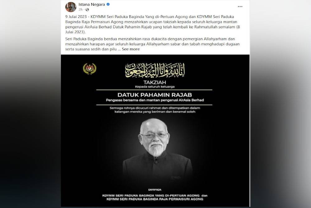 Tangkap layar Facebook Istana Negara pada Ahad