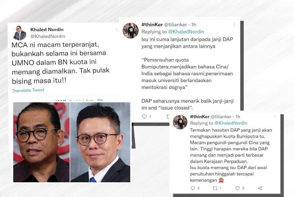 Tangkap layar ciapan Mohamed Khaled dan Lian ker di Twitter pada Ahad. (Gambar kecil: Khaled Nordin, Lian Ker)