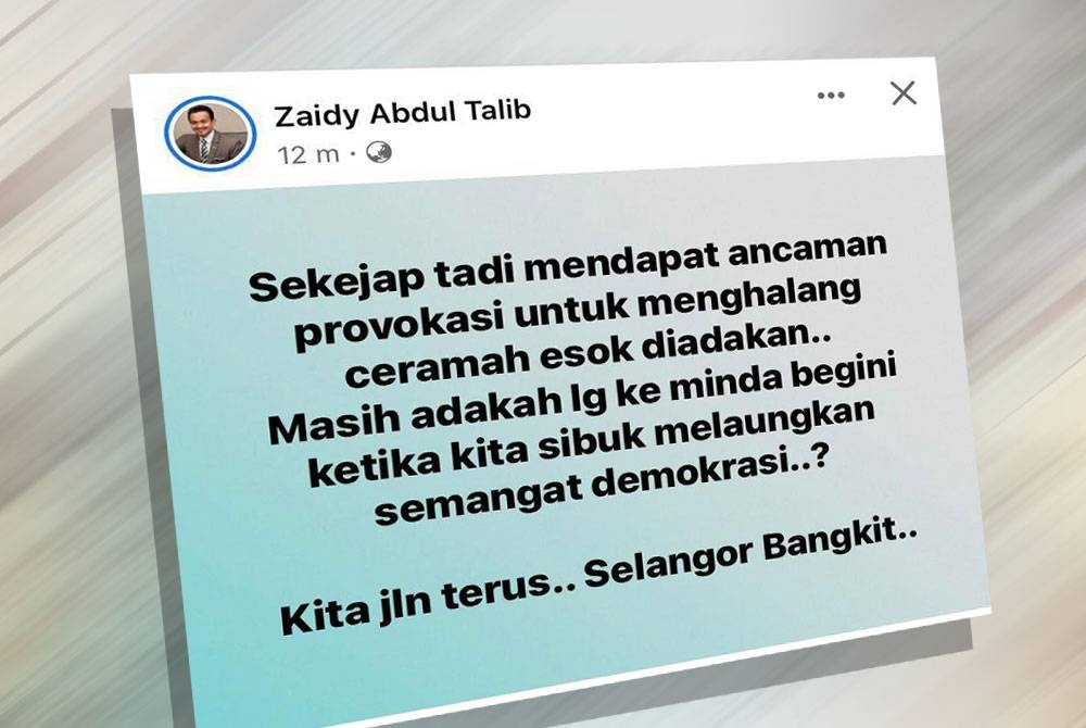 Hantaran di muat naik di Facebook Zaidy mengenai dakwaan menerima provokasi menghalang ceramah Kita Bangkit pada Selasa.