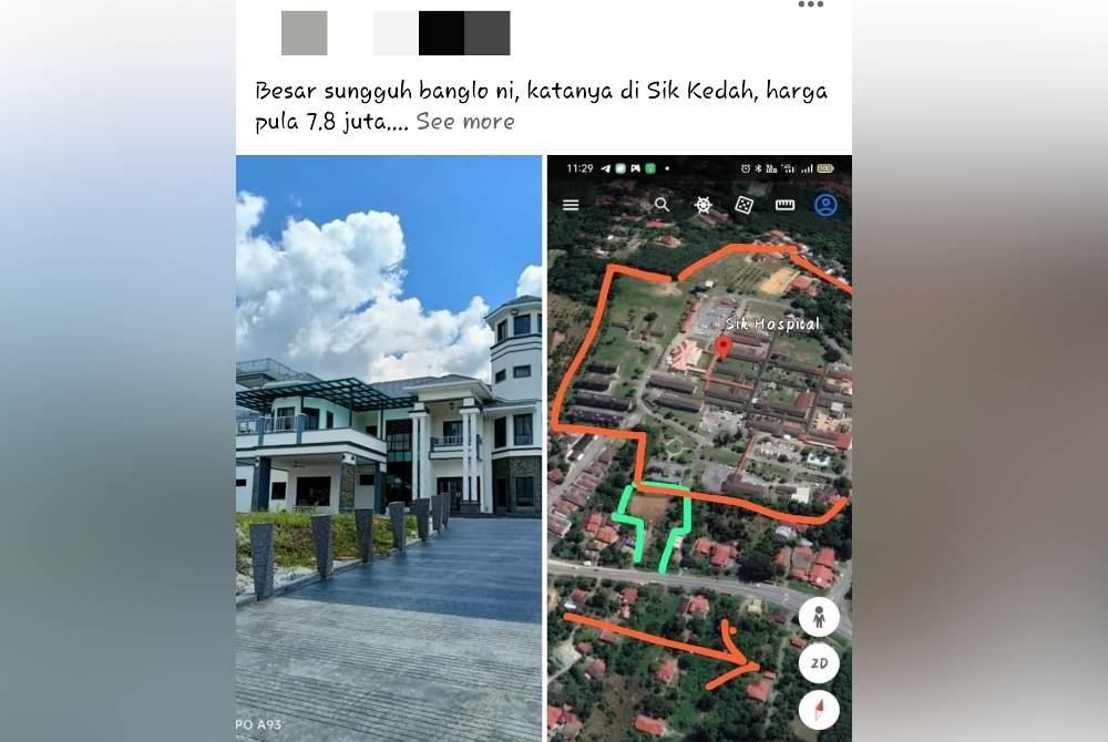 Tangkap layar sebuah banglo di Sik yang dikaitkan dengan Menteri Besar Kedah, Datuk Seri Muhammad Sanusi Md Nor yang tular di media sosial pada Isnin.