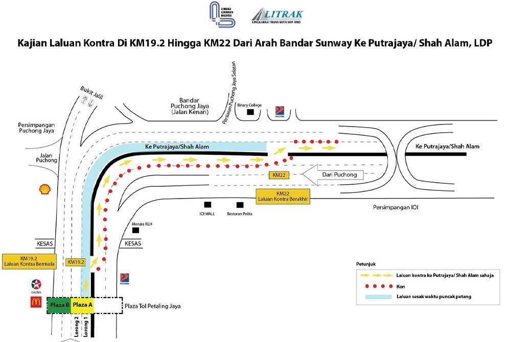 Kajian laluan kontra itu akan bermula dari Kilometer (KM)19.2 selepas Canopy A, Plaza Tol Petaling Jaya hingga KM22 dari arah Bandar Sunway ke Putrajaya/ Shah Alam, LDP.