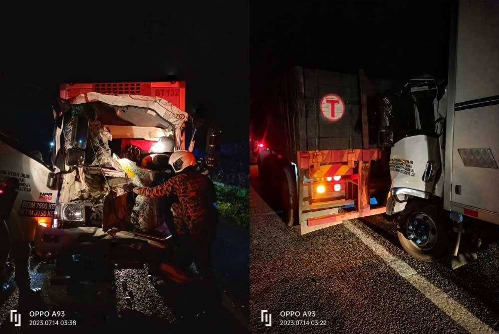 Anggota bomba mengeluarkan mangsa yang tersepit dalam lori terbabit. Keadaan lori dan treler yang terbabit dalam kemalangan di KM48 Lebuhraya Pantai Timur hala Kuala Lumpur awal pagi Jumaat.
Pix ihsan JBPM