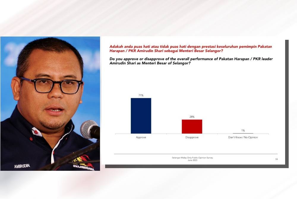 Sebanyak 71 peratus daripada 1,068 responden terdiri daripada pengundi Melayu berdaftar di Selangor berpuas hati dengan prestasi kepimpinan pemimpin Pakatan Harapan (PH) dan Menteri Besar Selangor, Datuk Seri Amirudin Shari.