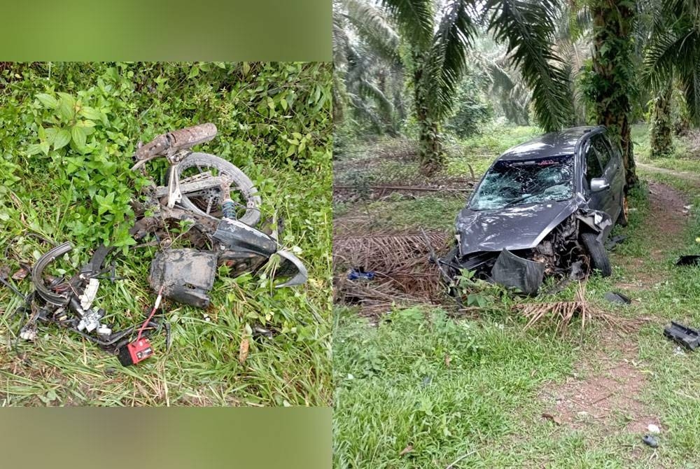 Keadaan motosikal dan Proton Exora yang terbabit dalam kemalangan KM2 Jalan Muar-Labis, pada Jumaat. - Foto BBP Labis