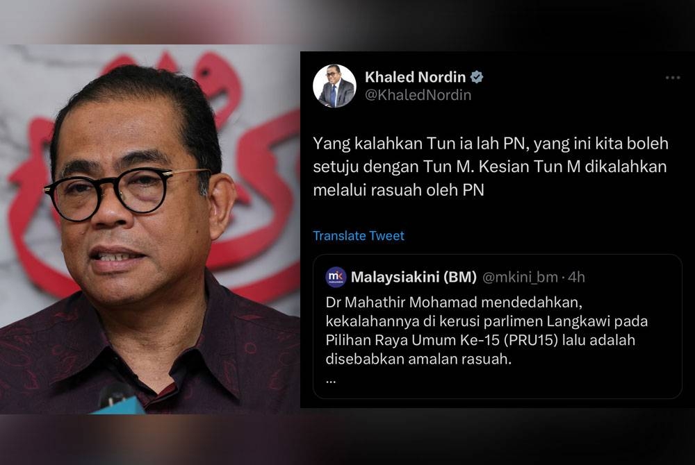 Tangkap layar ciapan Naib Presiden UMNO di Twitternya. Khaled Nordin (kiri) - Foto: Bernama