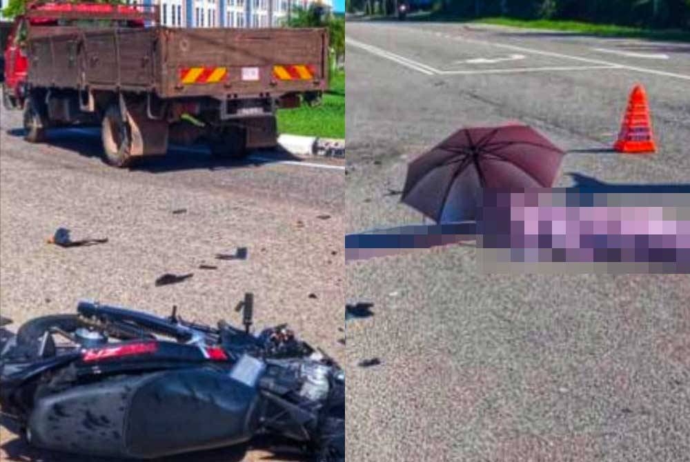 Kemalangan melibatkan sebuah motosikal dan lori yang meragut nyawa seorang pekerja kilang di KM35 Jalan Temerloh Bahau pada Sabtu. - Foto ihsan PDRM