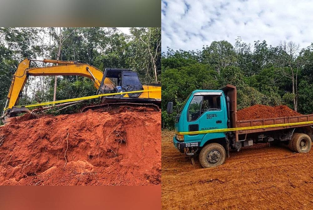 Jengkaut dan lori tipper yang dirampas kerana disyaki melakukan kesalahan di bawah Seksyen 426 Kanun Tanah Negara 1965 iaitu pencabutan atau pemindahan bahan batuan secara tak sah. - Foto: FB Wan Rosdy Wan Ismail