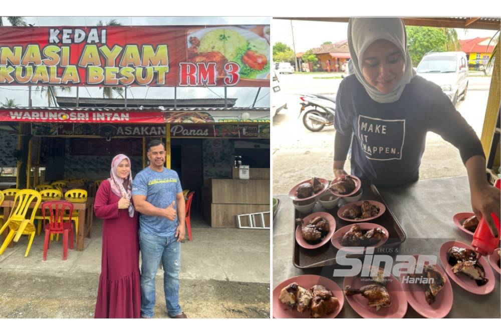 (Gambar kiri) Yusniraaida dan suami, Amran di kedai mereka yang beroperasi di Kuala Besut, Terengganu. (Gambar kanan) Pekerja kedai nasi ayam menyiapkan hidangan untuk pelanggan.