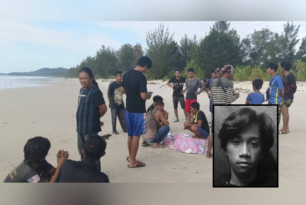 Mayat remaja berkenaan ditemui terdampar tidak jauh dari lokasi di pantai Tanjung Aru Menumbok. Gambar kecil: Haibil