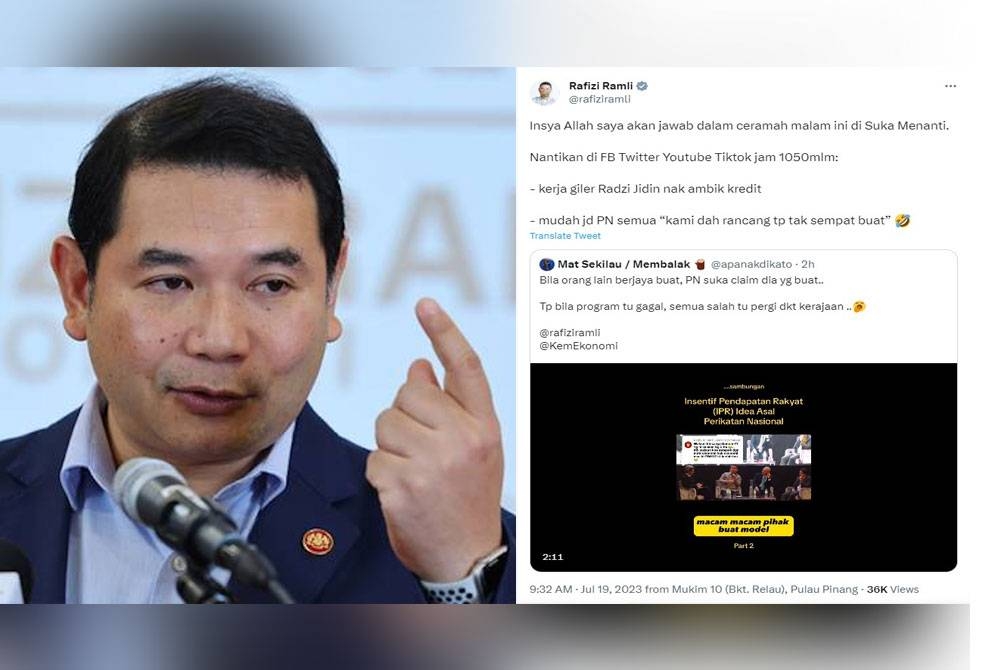 Tangkap layar ciapan Rafizi di Twitter pada Rabu. Rafizi (kiri).