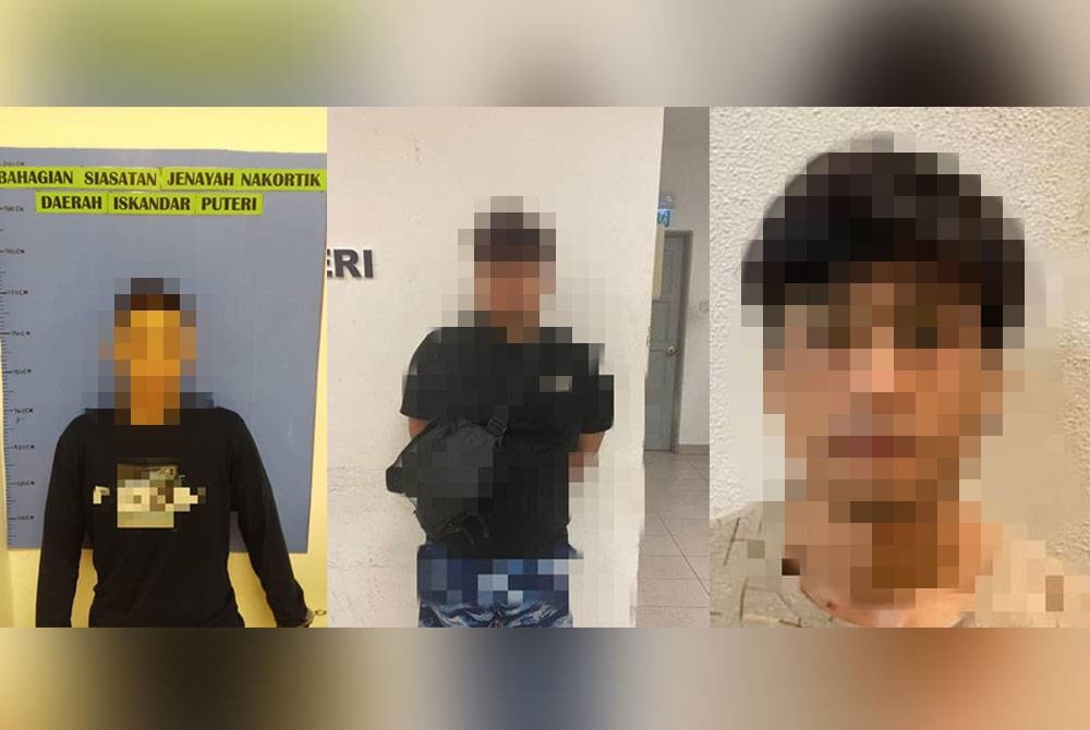 Tiga suspek yang ditahan polis atas beberapa kesalahan jenayah.- Foto IPD Iskandar Puteri