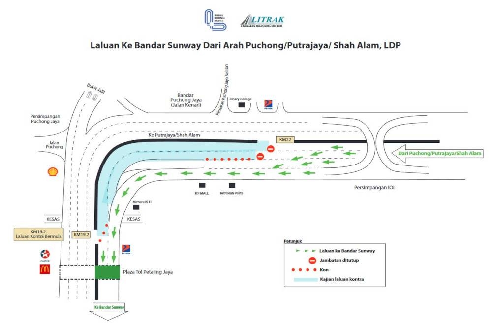 Litrak akan melaksanakan perubahan lencongan trafik sementara bermula di KM 22 hingga KM 19.2 dari arah Shah Alam/ Putrajaya ke Petaling Jaya/Bandar Sunway.