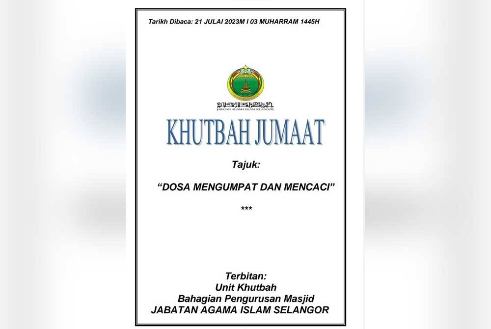 Teks khutbah Jumaat bertajuk &#039;Dosa mengumpat dan mencaci&#039; yang dimuat naik di laman web JAIS.