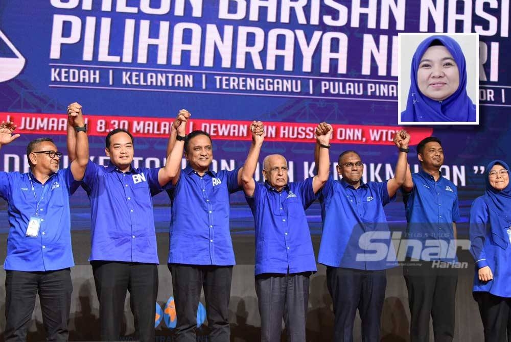 Calon-calon BN yang akan bertanding pada PRN Pulau Pinang ketika hadir pada Majlis Pengumuman Calon BN PRN di Dewan Tun Hussein Onn di WTC Kuala Lumpur pada Jumaat. Gambar kecil: Nor Hafizah