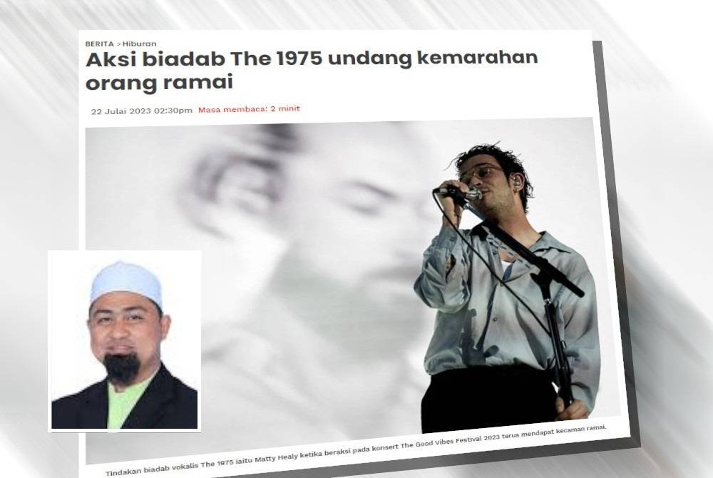 Tindakan biadab vokalis kumpulan The 1975 iaitu Matty Healy ketika beraksi pada konsert The Good Vibes Festival 2023 yang berlangsung di Litar Antarabangsa Sepang pada malam Jumaat terus mendapat kecaman ramai. Gambar kecil: Mohamed Sukri