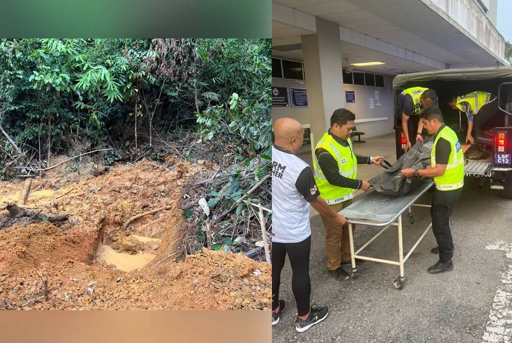 Lokasi yang dikatakan berlakunya kejadian membabitkan pelombong dihempap batu pada Ahad. Mayat mangsa dibawa ke Hospital Kuala Lipis untuk bedah siasat. - Foto PDRM