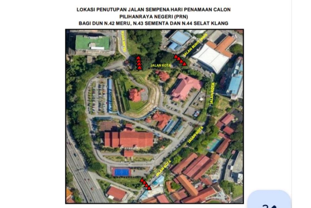 Jalan Kota di kawasan Klang Utara akan ditutup serta dilencongkan bagi kelancaran trafik ketika urusan penamaan calon PRN bermula Jumaat hingga Sabtu ini.