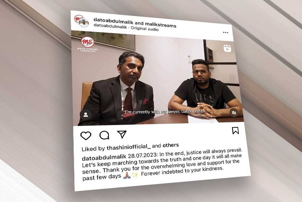 Datuk Malik (kanan) memuat naik kenyataan di Instagramnya pada Jumaat susulan siasatan SPRM terhadapnya baru-baru ini.