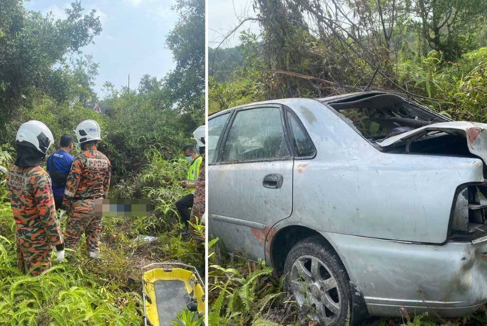 Anggota bomba menemui mayat seorang lelaki di dalam kawasan semak. Gambar kanan: Keadaan kereta mangsa. - Foto: PDRM