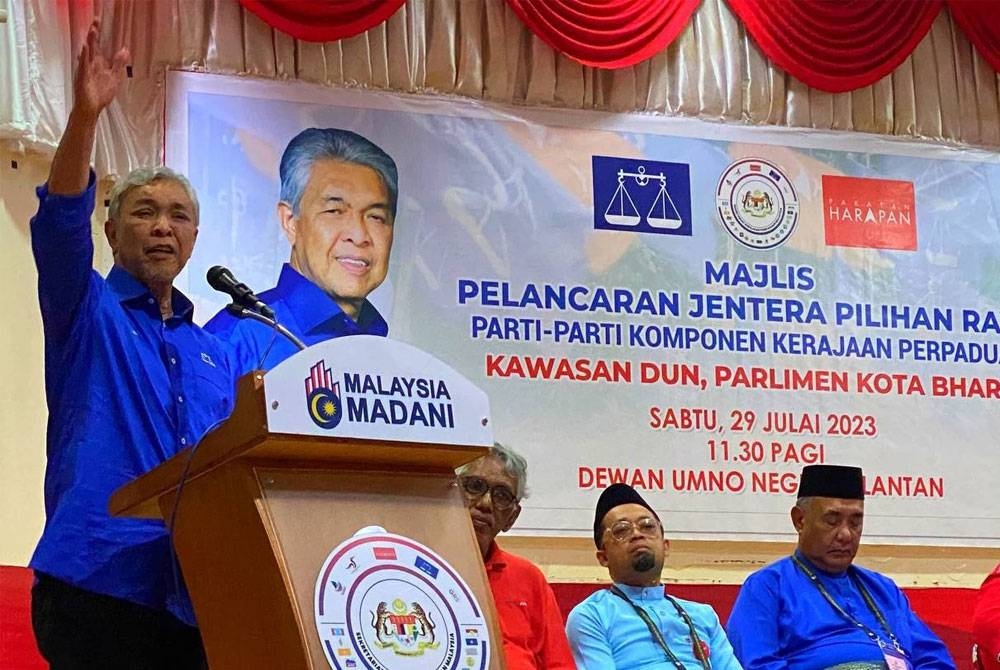 Ahmad Zahid ketika berucap di Majlis Pelancaran Jentera Pilihan Raya Parti-parti Komponen Kerajaan Perpaduan Kawasan Dewan Undangan Negeri (DUN) Parlimen Kota Bharu pada Sabtu.