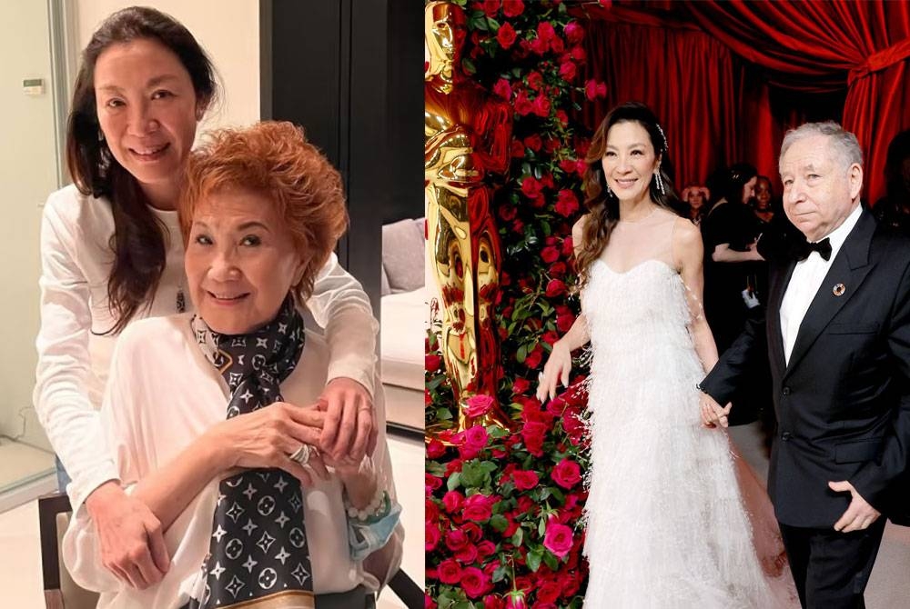 Gambar kiri: Michelle Yeoh dan ibu, Janet Yeoh. (Gambar kanan) Majlis perkahwinan Michelle Yeoh dan Todt.