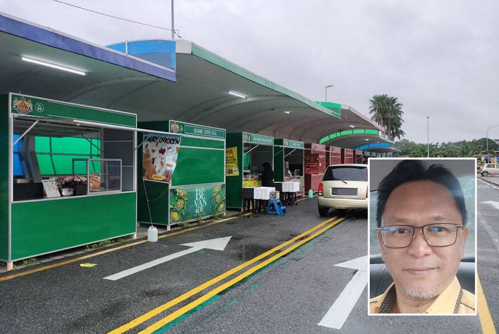 Laman Niaga Up Town Pandu Lalu berhampiran Hentian Bas Kluang, Kluang kelihatan seperti tidak beroperasi apabila hanya enam gerai dibuka daripada 18 gerai yang disediakan MPK. Gambar kecil: Md Norhalim