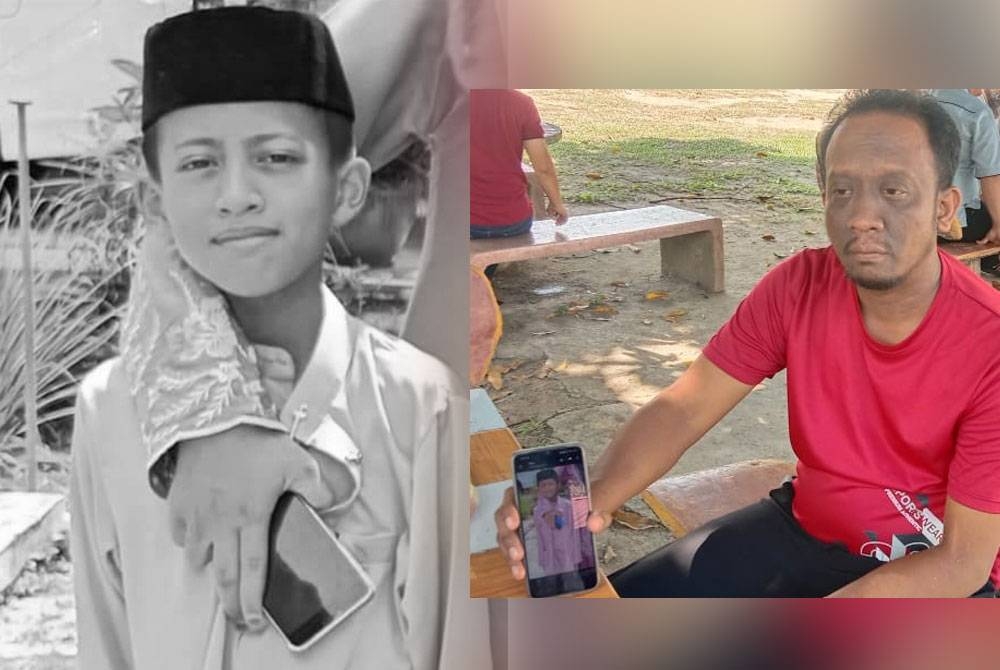 Mohammad Fariz Irfan (kiri), Abdul Halim (kanan) menunjukkan gambar anaknya ketika ditemui pemberita di pantai Teluk Batik di sini pada Ahad.